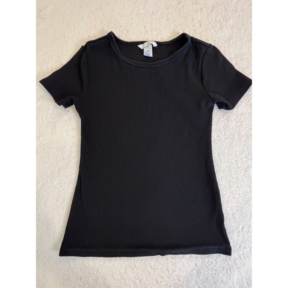 H&M Ribbed T Shirt Womens Small Black Jersey Stretch Casual Slim Fit Round Neck